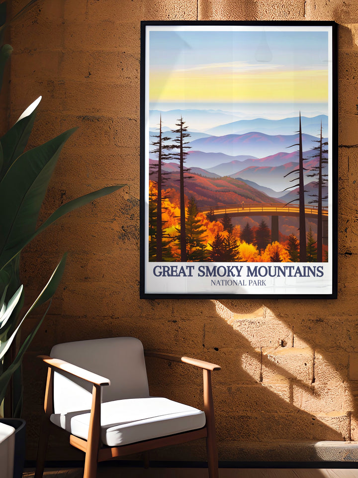 This Great Smoky Mountains travel poster combines the grandeur of Clingmans Dome with the misty, rolling hills of the Smokies, making it a standout piece for any room. Perfect for nature lovers and adventure seekers.