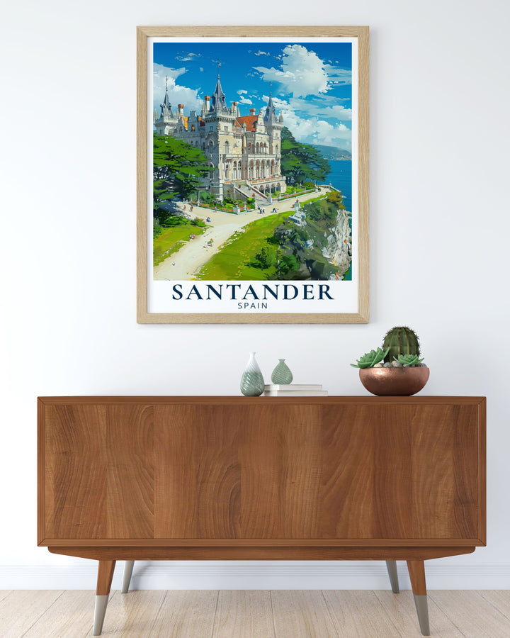 Santander poster print with Palacio de la Magdalena captures the grandeur of this iconic landmark in Spain making it the ideal choice for those looking to enhance their space with sophisticated artwork inspired by Spanish culture and architecture.