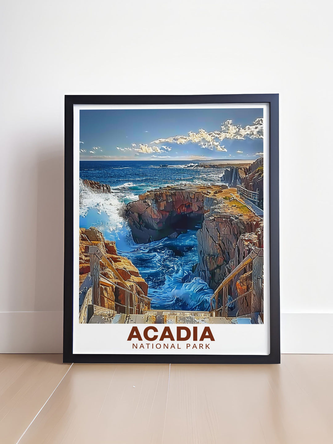 Stunning Thunder Hole artwork from Acadia National Park depicted in a retro WPA style perfect for any home or office. This national park poster captures the dramatic power of nature making it a perfect gift for adventure seekers.