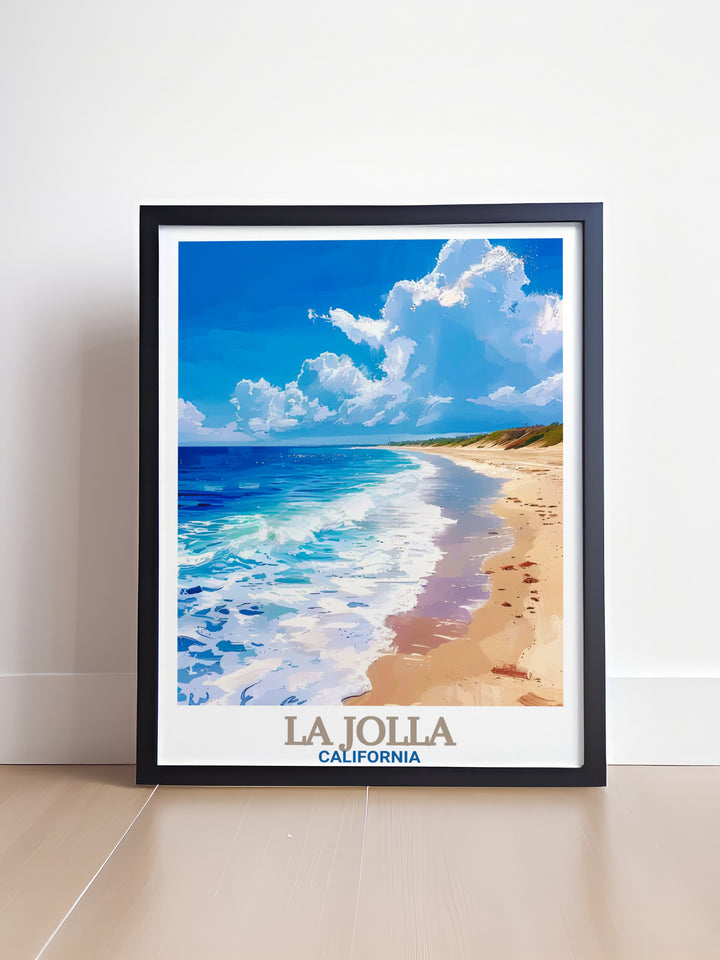 La Jolla Shores Beach and La Jolla Cove Vintage Poster showcases the timeless beauty of Californias Pacific coast. The fine art print is perfect for beach themed interiors or as a travel gift for those who appreciate the charm of La Jollas iconic shoreline.