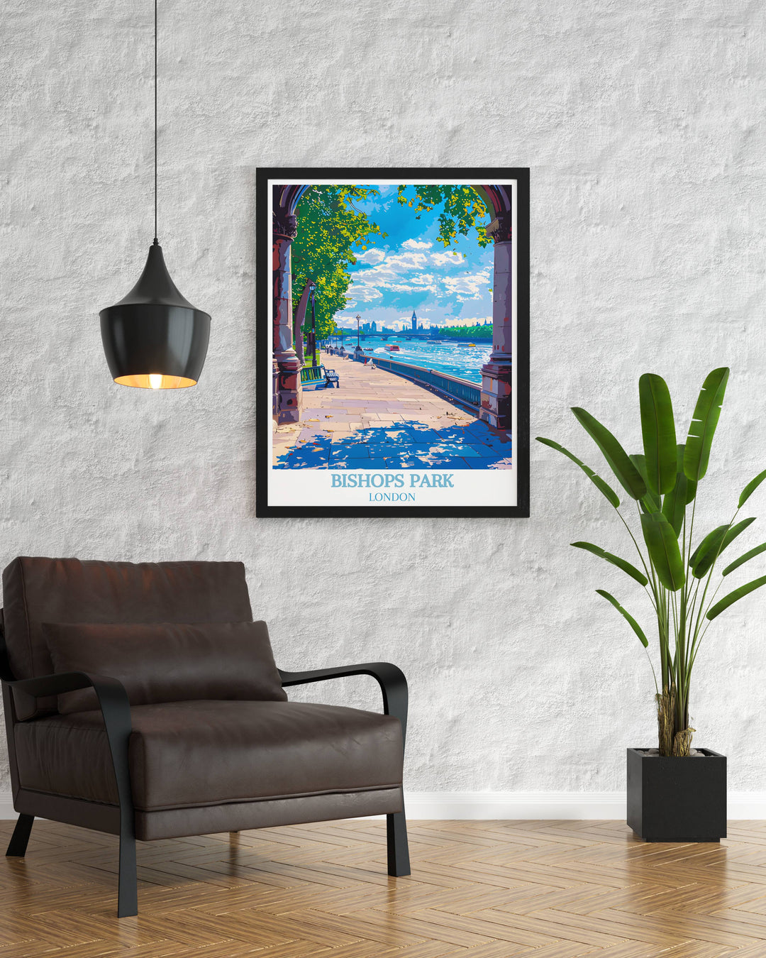 High quality print capturing the peaceful and historic Thames River Walk a perfect piece for any London art enthusiast.