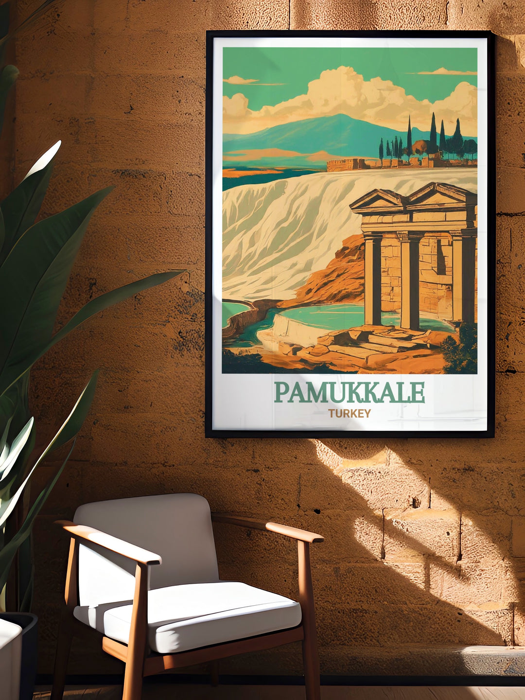 An art print capturing the surreal beauty of Pamukkale, with its white terraces and azure pools set against the Turkish landscape. This artwork brings the serenity of one of Turkeys most unique natural wonders into your home.