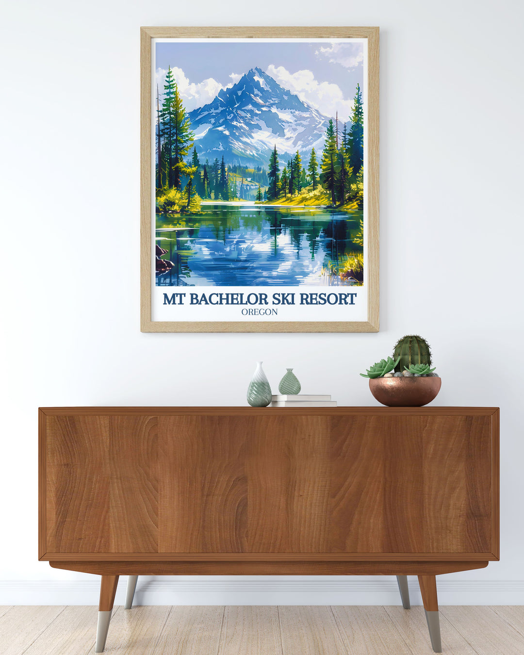 This skiing poster of Mt Bachelor and Sparks Lake is a must have for any winter sports enthusiast capturing the excitement of the ski jump and the peaceful landscapes of the Cascade Mountains and Sparks Lake