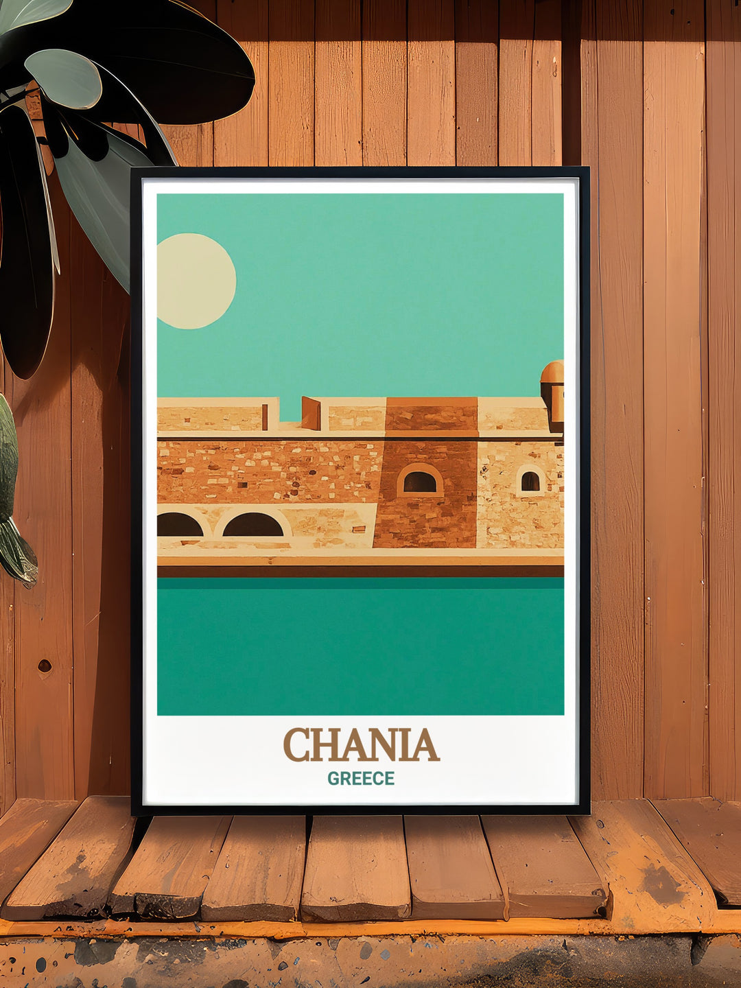 Celebrate the beauty of Greece with this travel poster, showcasing the picturesque harbor of Chania and the iconic Firkas Fortress. A must have for anyone who loves the Mediterranean and its ancient wonders.