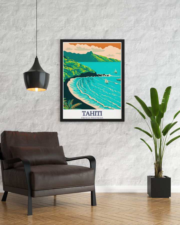 Add elegance to your living space with this stunning Mahina Tahiti North coast wall art The bold colors and detailed scenery make it an eye catching piece that enhances any room while offering a reminder of the tropical beauty of French Polynesia