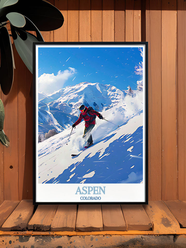 Aspen Highlands rich skiing history and scenic landscapes are highlighted in this poster, capturing the essence of one of Colorados premier ski resorts. Ideal for adding a touch of mountain charm to your home.