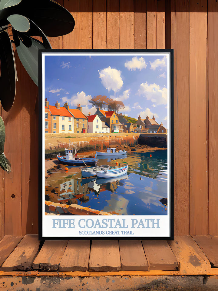 Crail Harbour is highlighted in this travel poster, capturing its majestic charm and the historic beauty of Scotland, perfect for your living space.