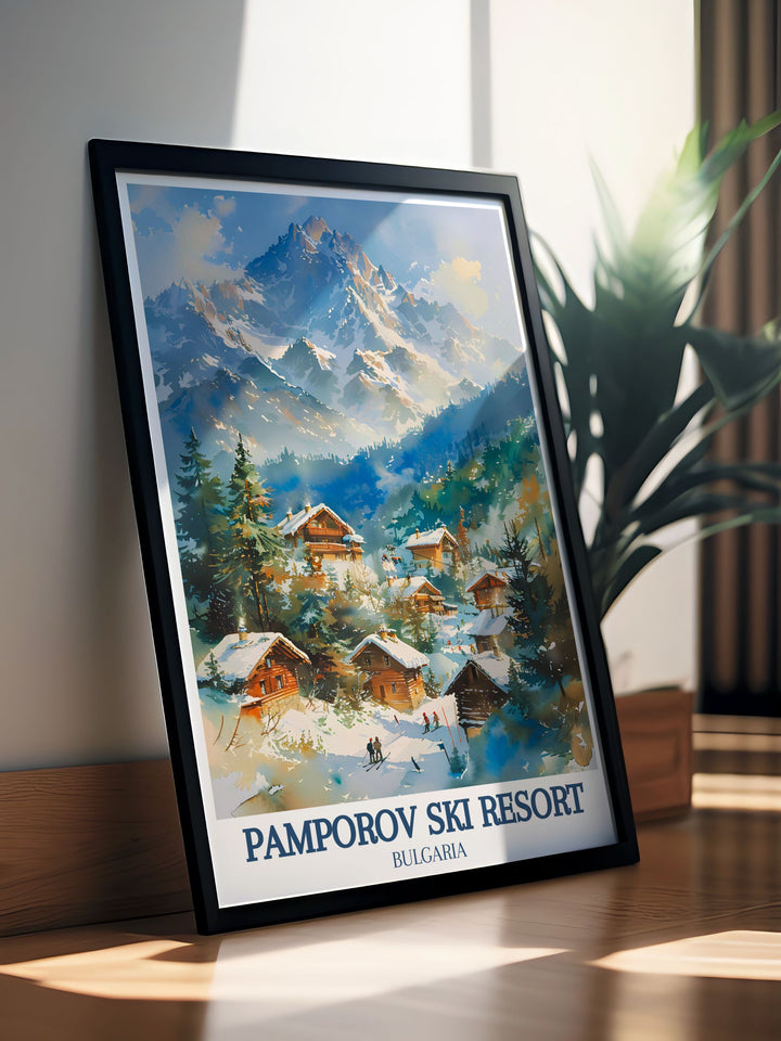 Rhodopes Crest Rhodope Mountains stunning living room decor with a vintage skiing print from Borovets Ski Resort a must have for those who love the adventure and elegance of Bulgarias most iconic ski areas