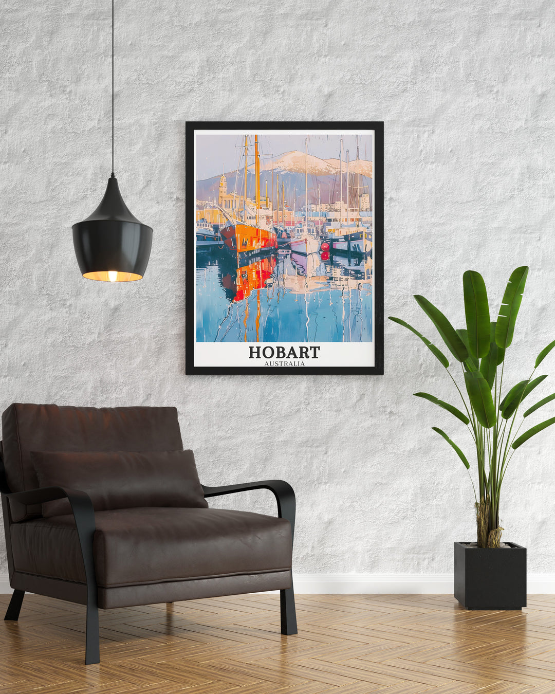 Beautiful Hobart art print capturing the iconic Mount Wellington and the historic Hobart Port. This detailed artwork highlights the connection between Tasmanias natural landscapes and its rich maritime history, making it an excellent Australia souvenir