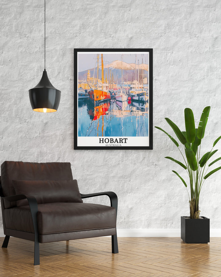 Beautiful Hobart art print capturing the iconic Mount Wellington and the historic Hobart Port. This detailed artwork highlights the connection between Tasmanias natural landscapes and its rich maritime history, making it an excellent Australia souvenir