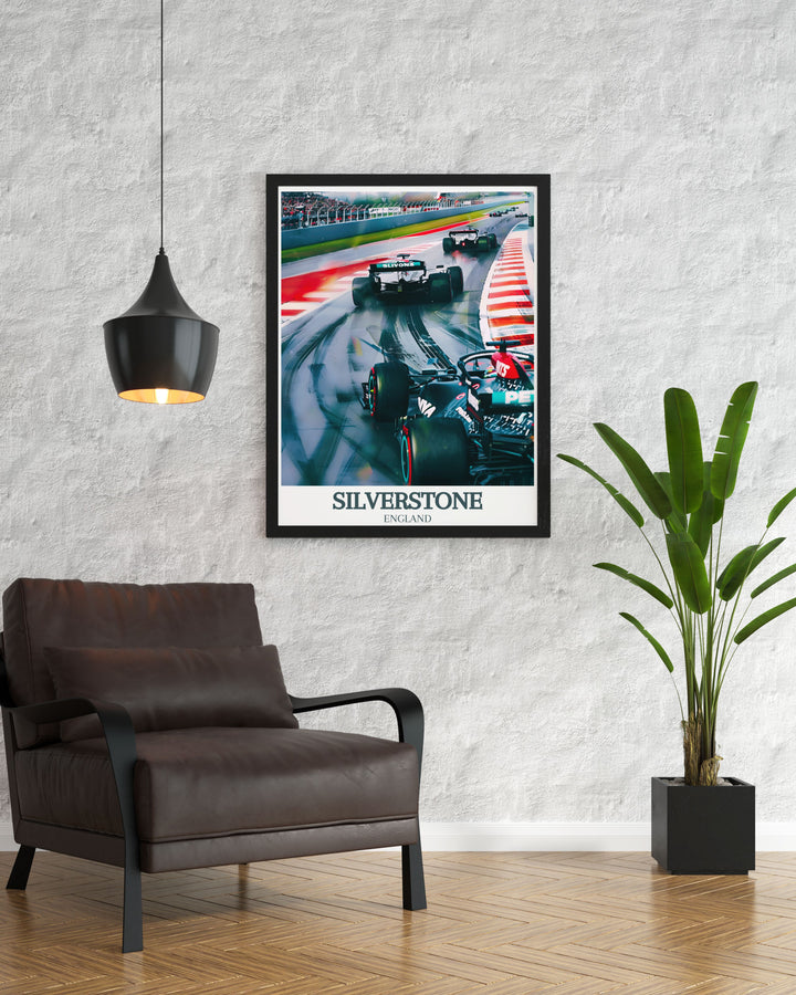 Silverstone Circuit Silverstone Wing framed print capturing the dynamic atmosphere of the racing venue. This artwork adds an elegant touch to your home decor while celebrating the iconic Silverstone Wing and its racing heritage.