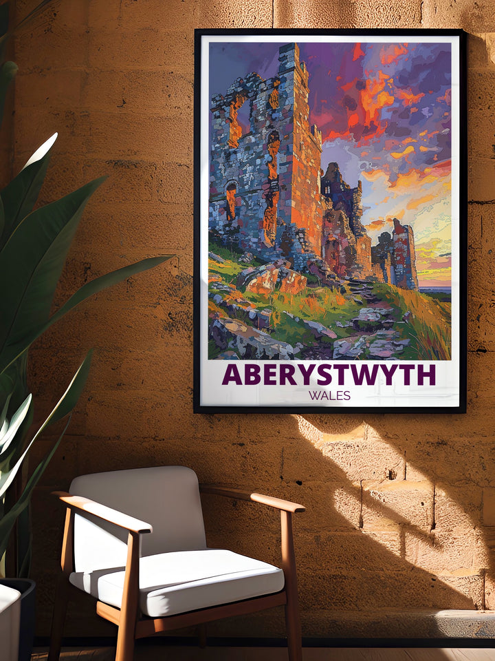 This Aberystwyth travel print brings the serene beauty of Wales coast into your home, with the iconic Aberystwyth Castle serving as the focal point. The artworks intricate details and soft color palette make it a perfect addition to any room, offering a glimpse into Welsh history and landscapes.