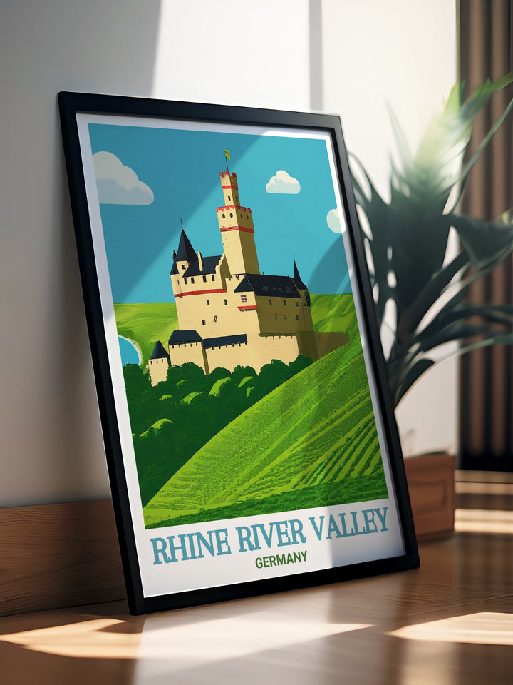 Germany decor highlighting the legendary Marksburg Castle with framed prints and posters capturing the essence of the Rhine River