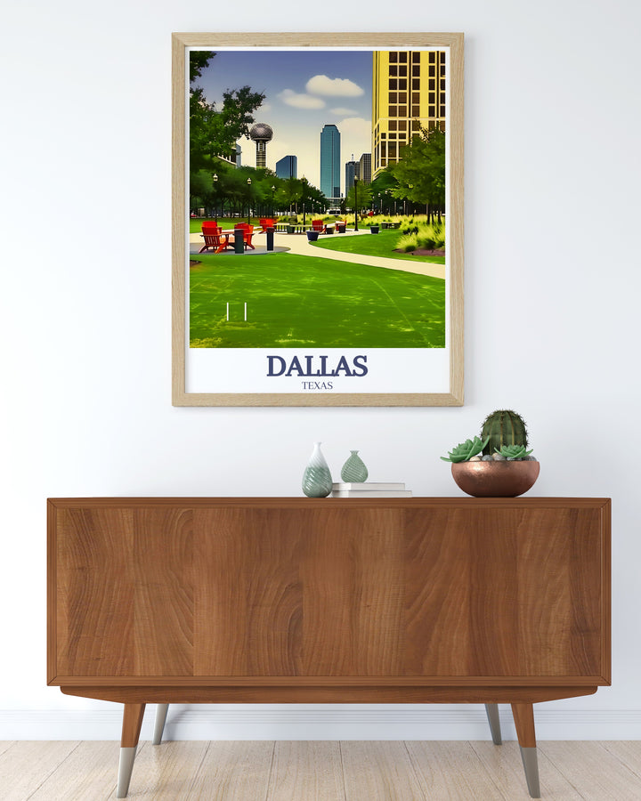 Celebrate the beauty of Dallas with this Klyde Warren Park and skyline art print A perfect piece for your home decor or as a travel gift this Dallas print adds a modern touch to any room while showcasing the charm of one of Texas most beloved cities