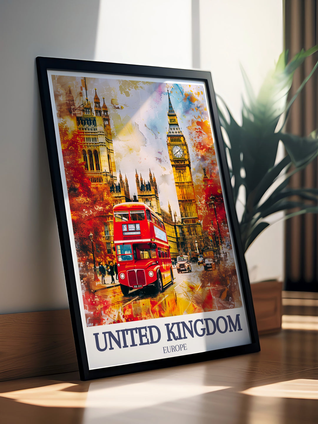 This travel poster captures the timeless beauty of Big Ben and the Houses of Parliament in London. The detailed artwork celebrates Englands historic capital and makes a perfect gift for anyone with a passion for British history or travel.