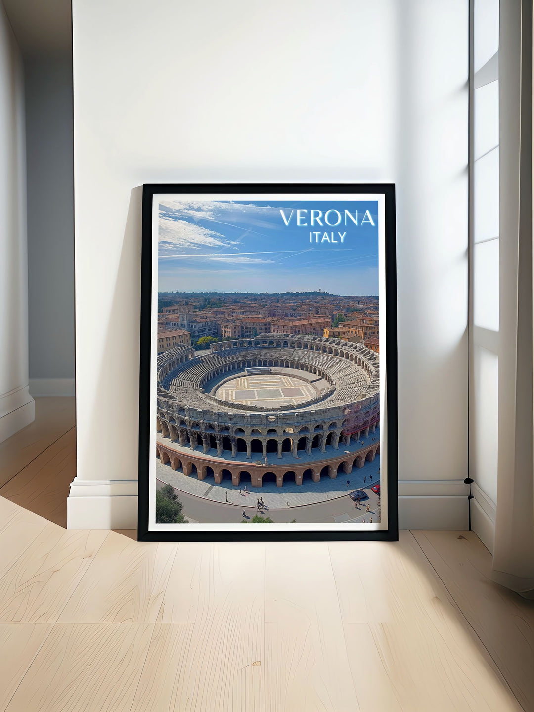 Stunning view of Arena de Verona in Italy captured in a beautiful Italy travel print perfect for home decor or as a unique Verona gift showcasing the historic charm and architectural beauty of this ancient Roman amphitheater.