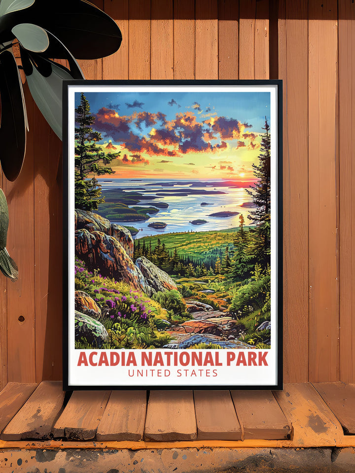 Bring home the beauty of Acadia National Park with this Cadillac Mountain art print perfect for any nature themed room decor. Retro travel poster style adds charm to any living space with its elegant and modern design.