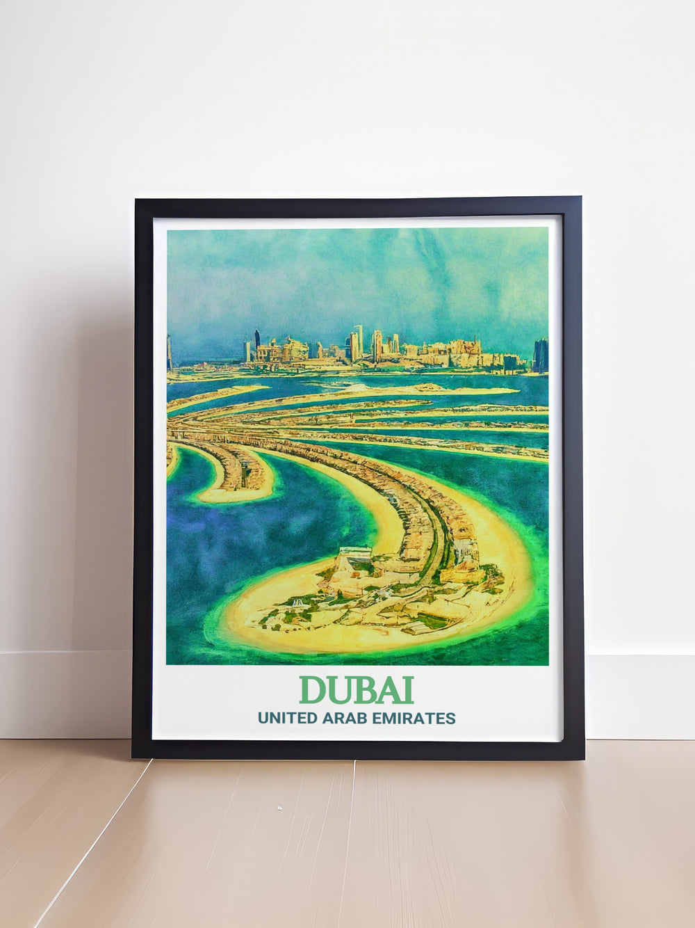 Elegant Palm Jumeirah wall art in a black and white fine line print showcasing the grandeur of Dubais iconic man made island adding a touch of luxury and sophistication to any room in your home or office