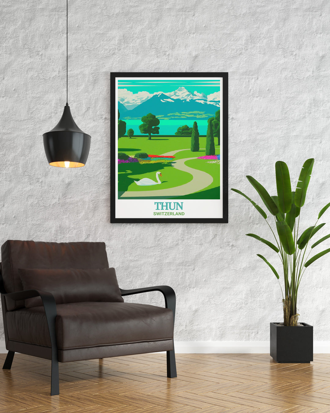 A beautiful Thun poster print featuring Schadau Park and Lake Thun, capturing Switzerlands natural elegance. Perfect for travel lovers, this artwork brings Swiss charm and tranquility into any home or office.