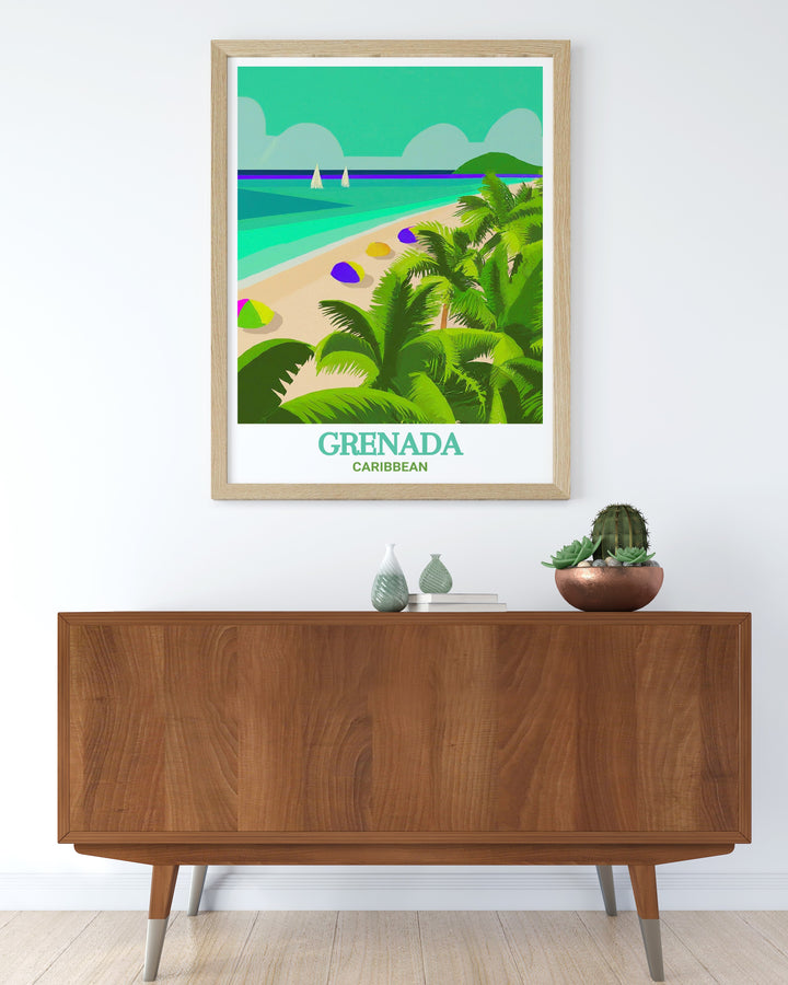 Scenic poster of Grand Anse Beach in Grenada, featuring detailed illustrations and vibrant colors. Perfect for enhancing your living space with the natural beauty of Grenada.