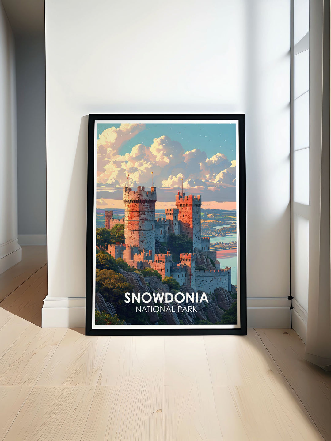 Travel poster featuring the stunning landscape of Snowdonia with a view of Conwy Castle in the background perfect for home living decor and nature enthusiasts ideal Snowdonia gift for those who love mountain art and National Parks