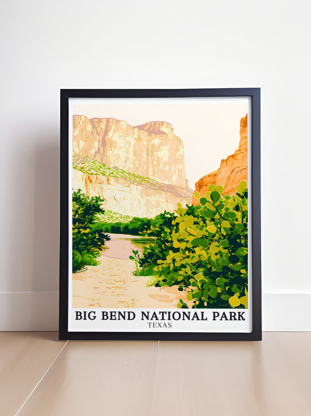 Vintage travel print of Big Bend Texas USA highlights the majestic Rio Grande River South Rim cliffs and the iconic Chisos Mountains making this National Park poster an ideal gift for hikers and nature lovers looking to bring the outdoors into their homes