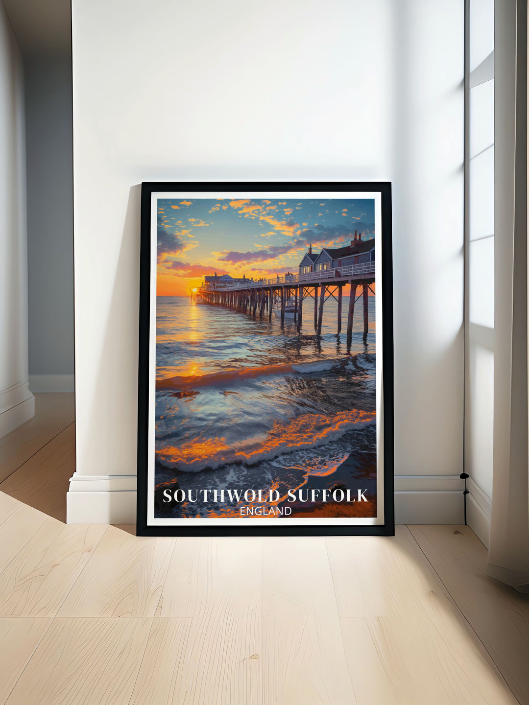 Southwold Poster featuring the iconic Southwold Lighthouse vibrant beach huts and picturesque Pier perfect for enhancing your home decor and bringing a touch of Suffolks coastal charm to any room ideal for UK travel enthusiasts and seaside art lovers