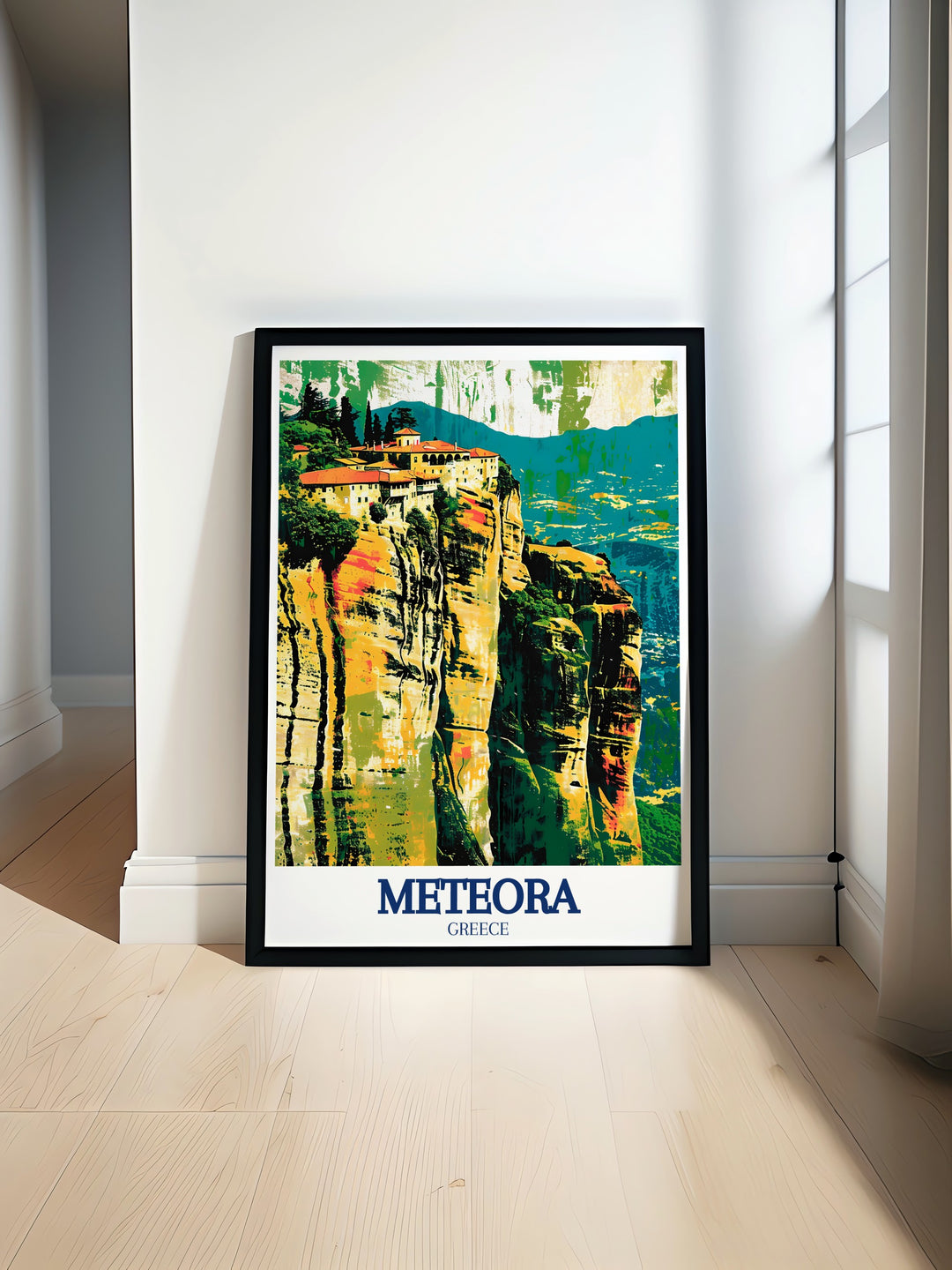 This travel poster highlights the towering rocks of Meteora and the iconic Great Meteoron monastery perched atop them. The vivid colors and intricate details of this print bring the ancient beauty of Greeces landscapes into your home.