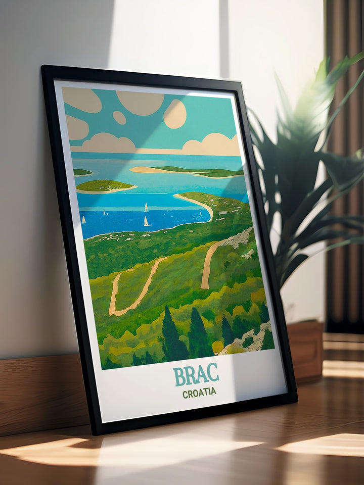 This detailed art print showcases Vidova Gora, the highest peak on the island of Brac, Croatia. The artwork captures the stunning panoramic views from the peak, highlighting the natural beauty and historical significance of this Adriatic gem