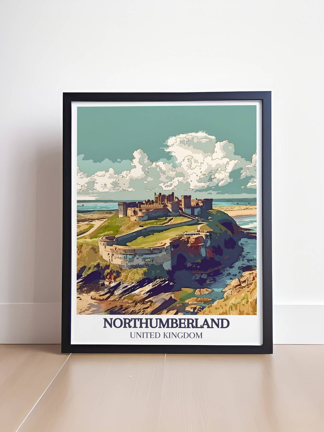 Vintage Travel Print of Bamburgh Castle featuring intricate details and rich colors capturing the grandeur of this iconic English landmark ideal for adding sophistication to your home or office decor