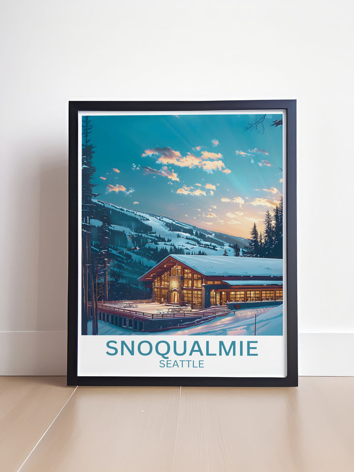 Embrace the winter wonderland of Washington with this travel poster, depicting the resorts breathtaking views and thrilling ski trails.