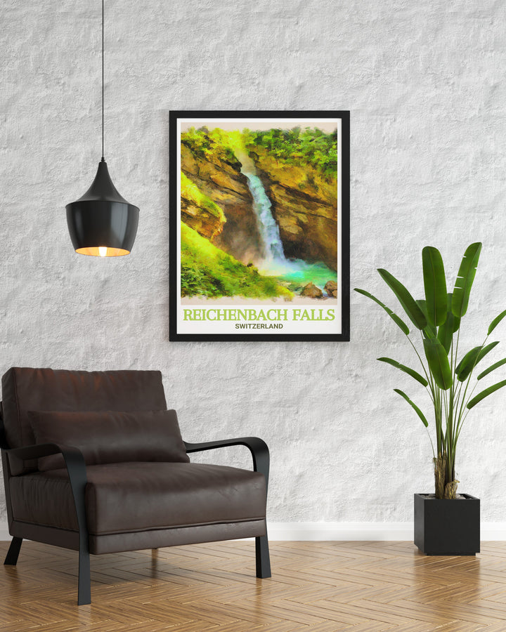 A detailed travel poster of Reichenbach Falls, capturing the power of the waterfall and the beauty of Switzerlands natural landscape. Perfect for adding a touch of Swiss charm to any room, this print makes a great gift for travelers and nature lovers.