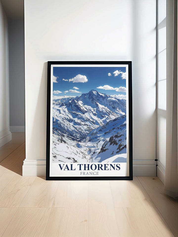 Bring the majestic beauty of Val Thorens into your home with this stunning poster. Showcasing the iconic Cime Caron, this artwork is ideal for decorating ski cabins, living rooms, or offices, offering a timeless alpine touch to any space.