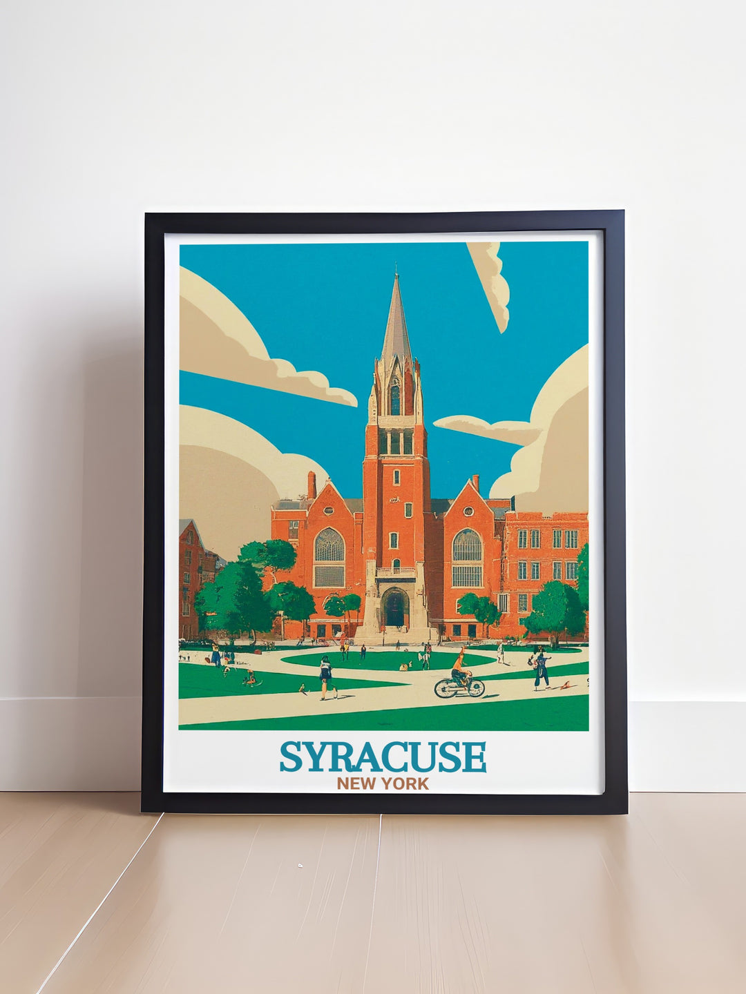 Syracuse University poster featuring detailed campus illustrations and vibrant colors ideal for home decor bringing the universities unique charm into your living space making it a perfect gift for birthdays weddings or housewarming adding sophistication to any room