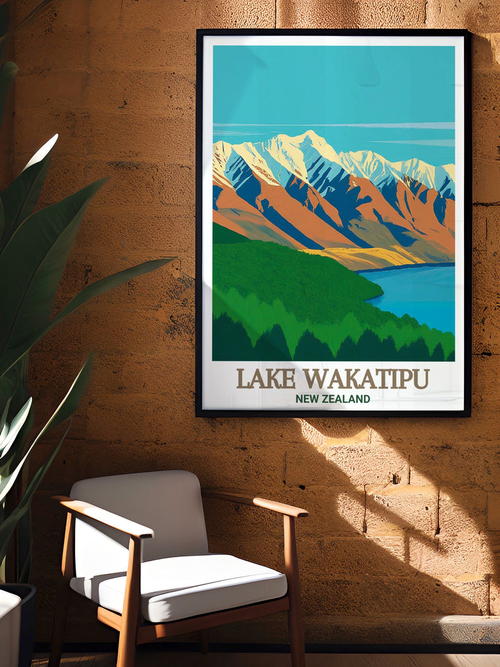 Capture the breathtaking views of Lake Wakatipu and The Remarkables with this New Zealand travel print. Ideal for adding a calming touch to your interior, this poster celebrates the peaceful beauty of New Zealands South Island.