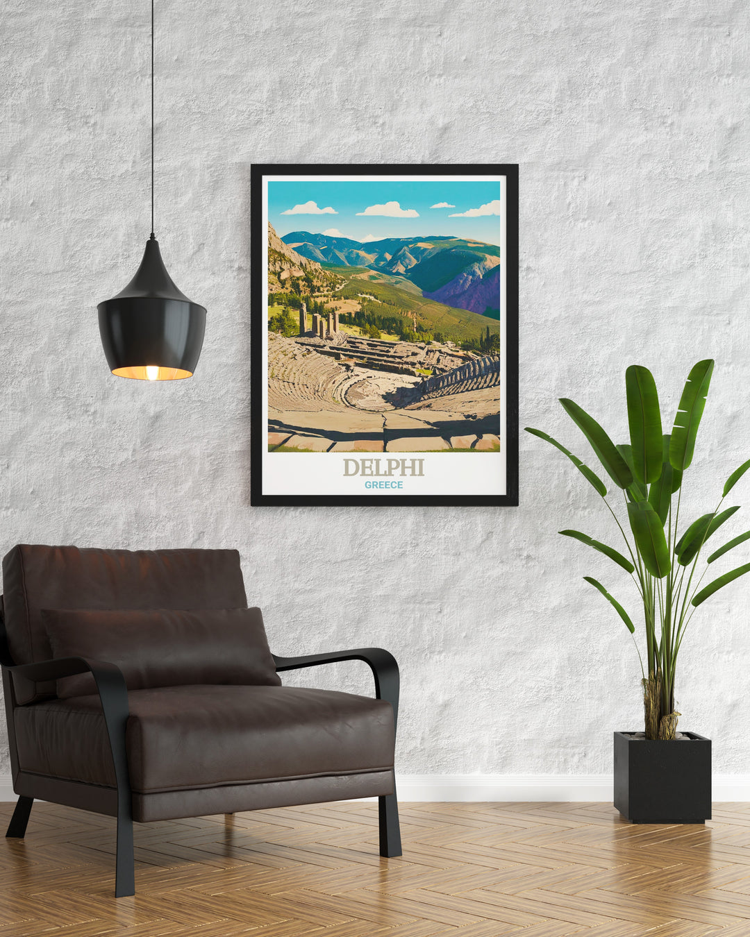 Theatre of Delphi Greece art print depicting the historical and cultural significance of this ancient site, where art and nature converge. This Delphi travel poster is ideal for those who want to add a touch of classical elegance to their home decor.