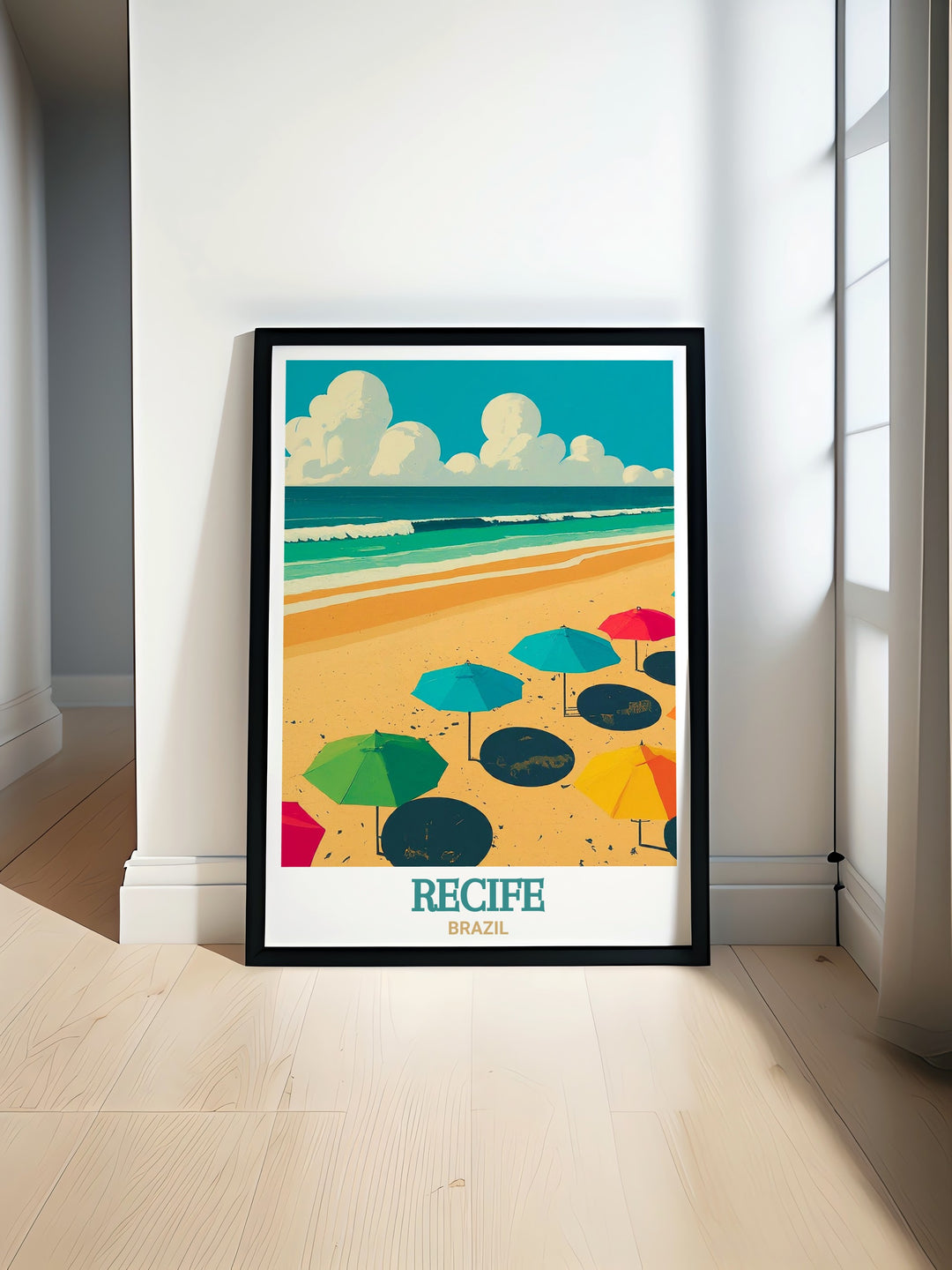 Travel poster featuring Boa Viagem Beach in Brazil. This detailed art print brings the coastal beauty of Recife into focus, perfect for anyone who loves tropical landscapes and wants to celebrate Brazils natural wonders.