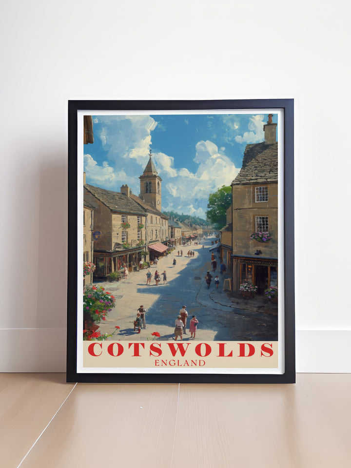 Illustrated with care, this travel poster brings to life the scenic beauty of the Cotswolds and the historical allure of Stow on the Wold Market Square, ideal for enhancing any room with Englands vibrant and diverse landscapes.