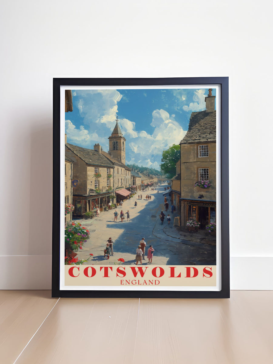 Illustrated with care, this travel poster brings to life the scenic beauty of the Cotswolds and the historical allure of Stow on the Wold Market Square, ideal for enhancing any room with Englands vibrant and diverse landscapes.