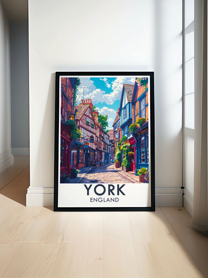 An art print celebrating the rich history of York, featuring the iconic Shambles. This piece highlights the streets quaint shops and medieval architecture, making it a thoughtful gift for anyone who appreciates travel and culture.