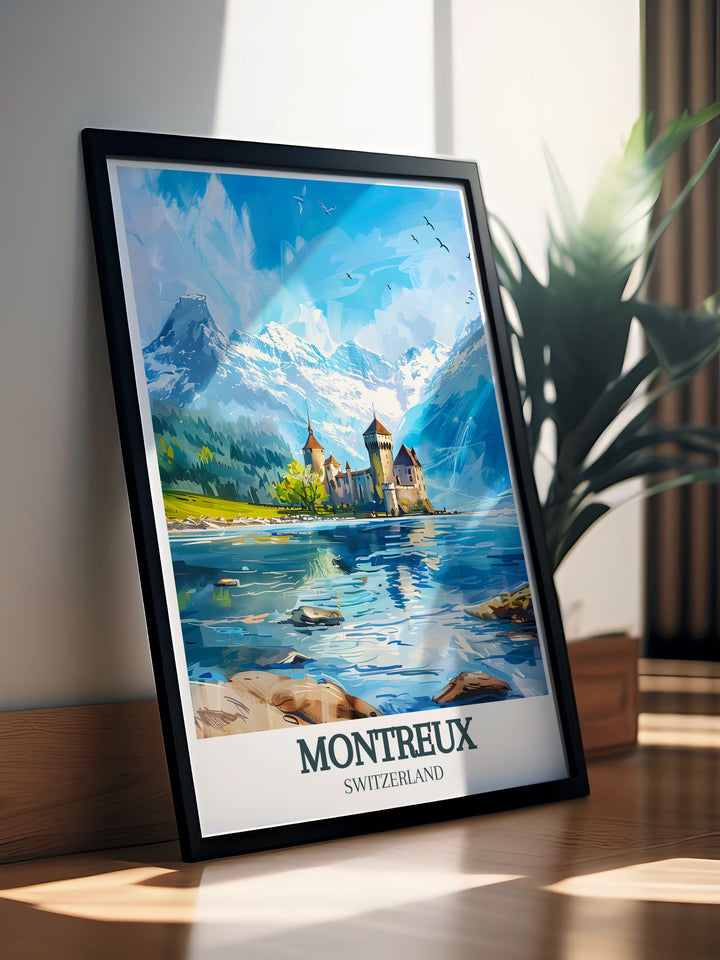 Add a touch of Switzerland to your décor with this Lake Geneva Wall Art. Featuring the stunning landscapes of Montreux and the iconic Chillon Castle, this print showcases the beauty of the Swiss Alps and the calm of Lake Geneva, ideal for any living space.