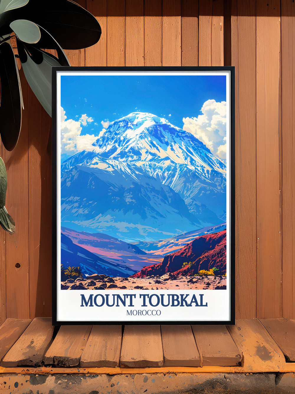 Experience the breathtaking landscapes of the High Atlas mountains with this detailed travel print capturing the rugged terrain and serene beauty of North Africas highest peaks including Mount Toubkal perfect for any room and a great gift for trekkers.