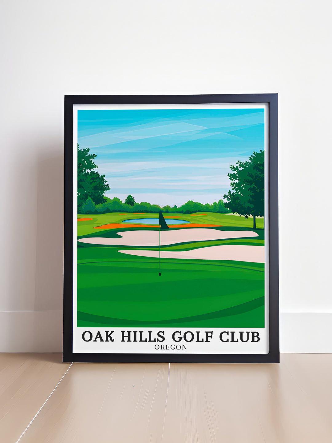 Golf enthusiasts will appreciate the detail in this Oak Hills Golf Club poster, featuring the 18 hole course set against the backdrop of Sutherlins scenic hills. A beautiful representation of the sport, this travel print is ideal for decorating your home or office.