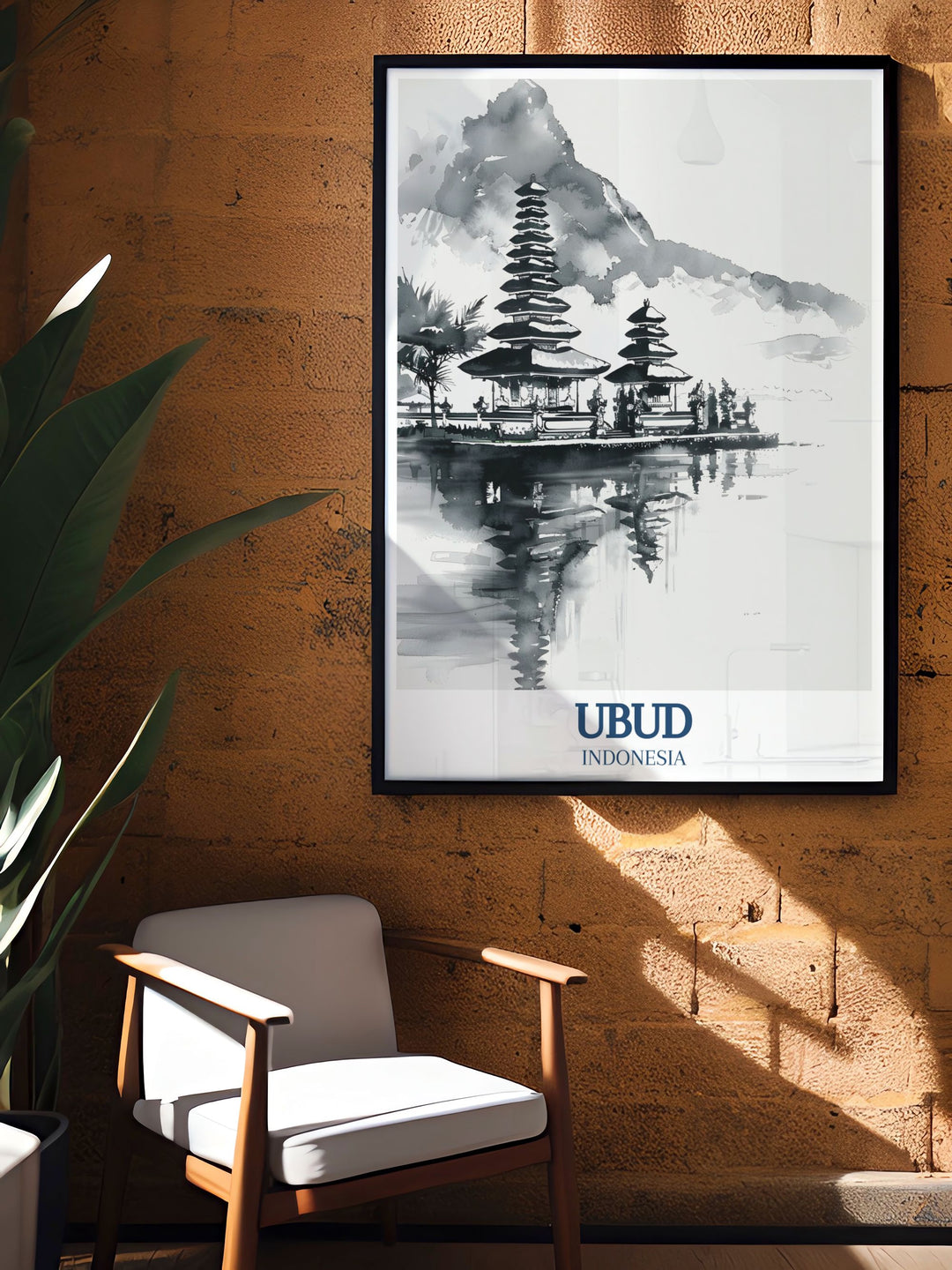 Experience the beauty of Ubuds Pura Ulun Danu Bratan temple with this detailed travel print. The soothing reflection of the temple in Lake Bratan creates a serene atmosphere, making it a perfect addition to any living space.