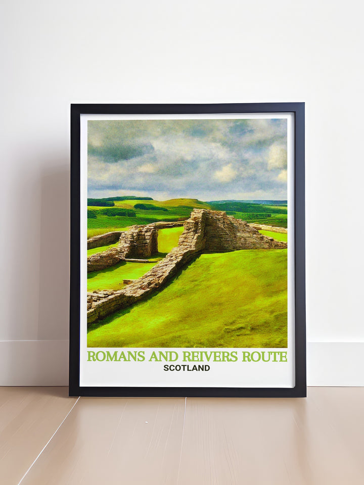 Housesteads Roman Fort and the iconic Reivers Route are beautifully portrayed in this National Park poster a perfect gift for hikers and lovers of Scottish history this framed print will make a stunning addition to any home decor or travel art collection.