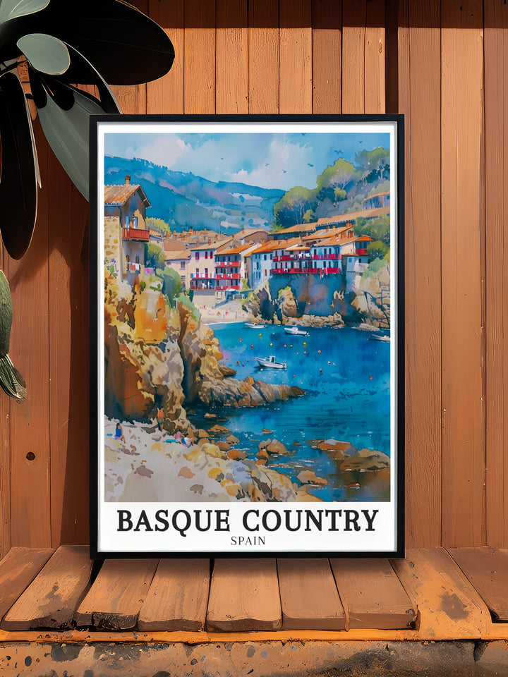 Bay of Biscay and Getaria come together in this travel poster, capturing the essence of Spains Basque Country. The bright colors and intricate details of this wall art make it a perfect choice for anyone looking to add a touch of Spains coastal charm to their home or office.