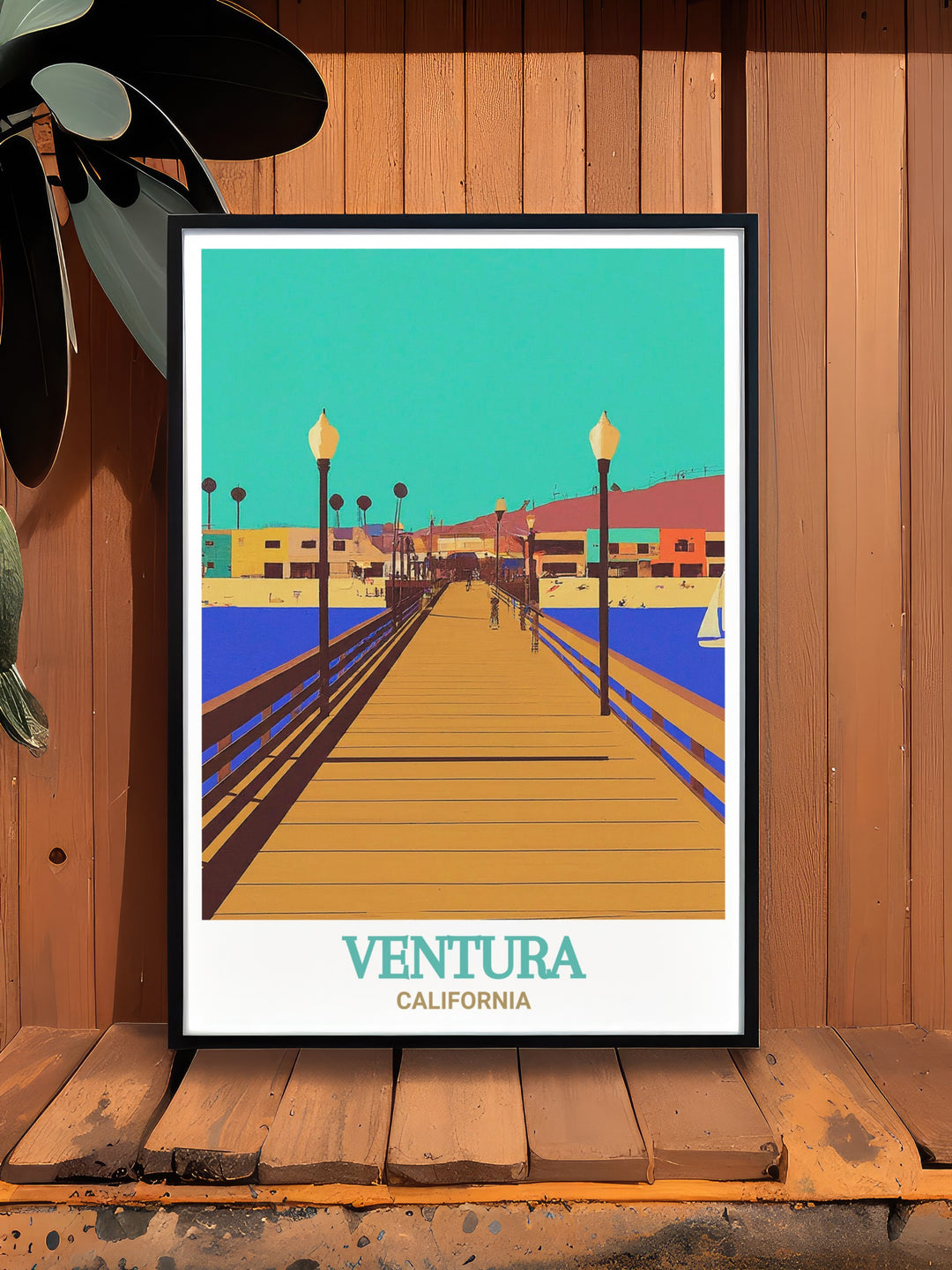 A timeless matted poster of Ventura Pier, featuring a fine line print design in black and white. The artwork captures the serene atmosphere of Venturas coast and includes a street map of Ventura County, adding depth and context. Perfect for home decor or as a special gift for anyone connected to Ventura.