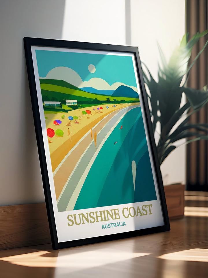 Mooloolaba Beach is the focal point of this Sunshine Coast travel poster, capturing the beauty of Australias beloved coastal region. Ideal for lovers of beach scenes and Australia wall art, this print makes a perfect gift or décor addition.