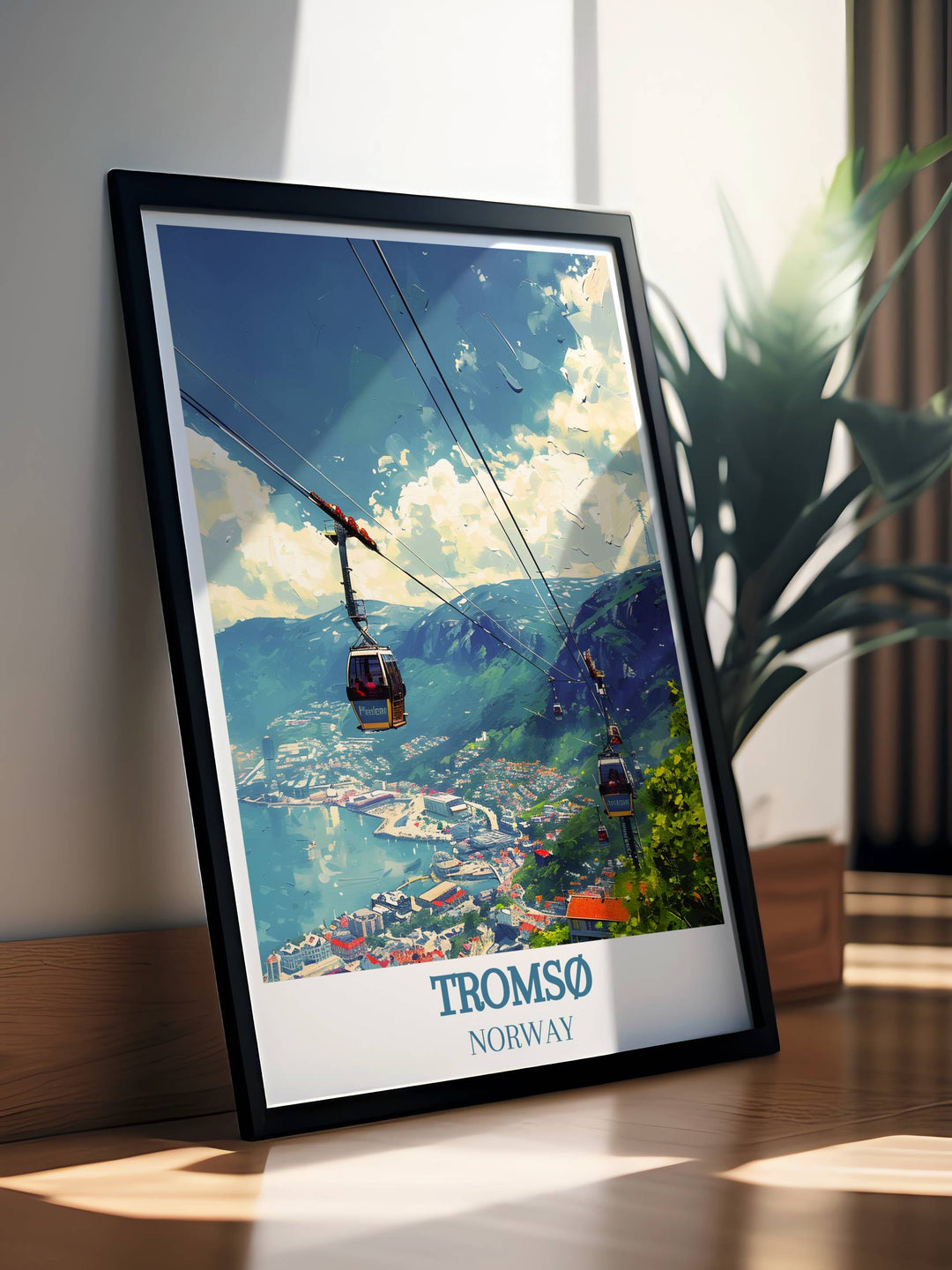 Stunning travel poster of Tromso, Norway, with the Fjellheisen cable car, evoking a sense of adventure and wonder, perfect for inspiring your next Nordic journey.