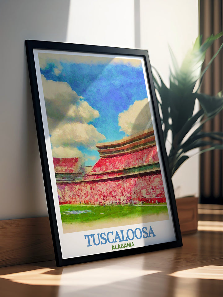 Stunning Tuscaloosa cityscape and Bryant Denny Stadium print a beautiful Tuscaloosa poster that adds sophistication to your decor perfect for those who love Tuscaloosa Alabama and want to display its beauty in their home or office.